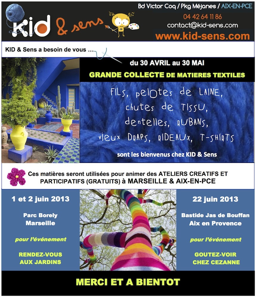 Ateliers textiles pour enfants et grand public à Marseille et Aix au mois de juin 2013