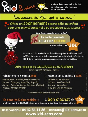 carte d'abonnement offerte pour toute souscription à une activité d'éveil ou cours artistique pour un enfant sur Aix en Provence