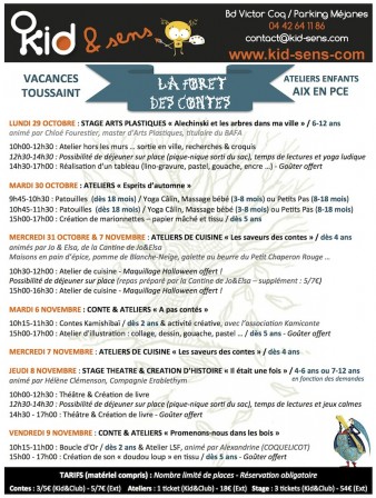 Vacances de Toussaint 2012 pour les enfants à Aix-en-Provecence : programme des ateliers, stages et contes chez Kid & Sens